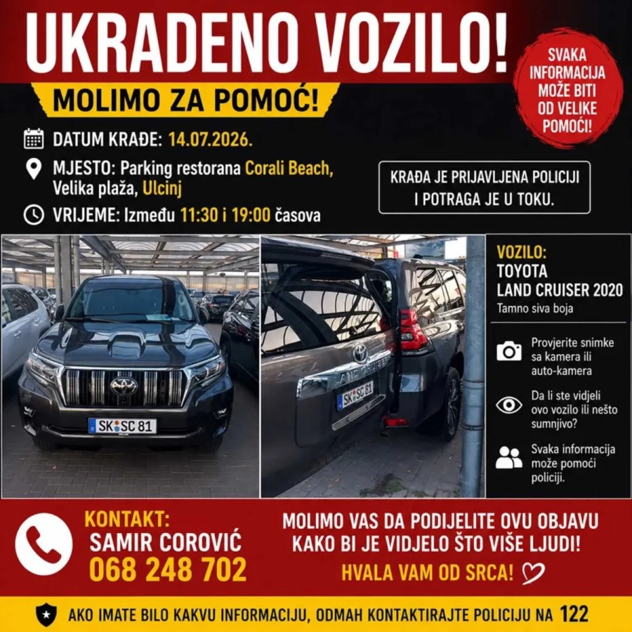 Drska krađa u Ulcinju: Usred bijela dana nestao luksuzni terenac